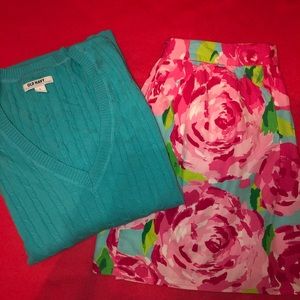 Blue Cable-Knit V-Neck Sweater